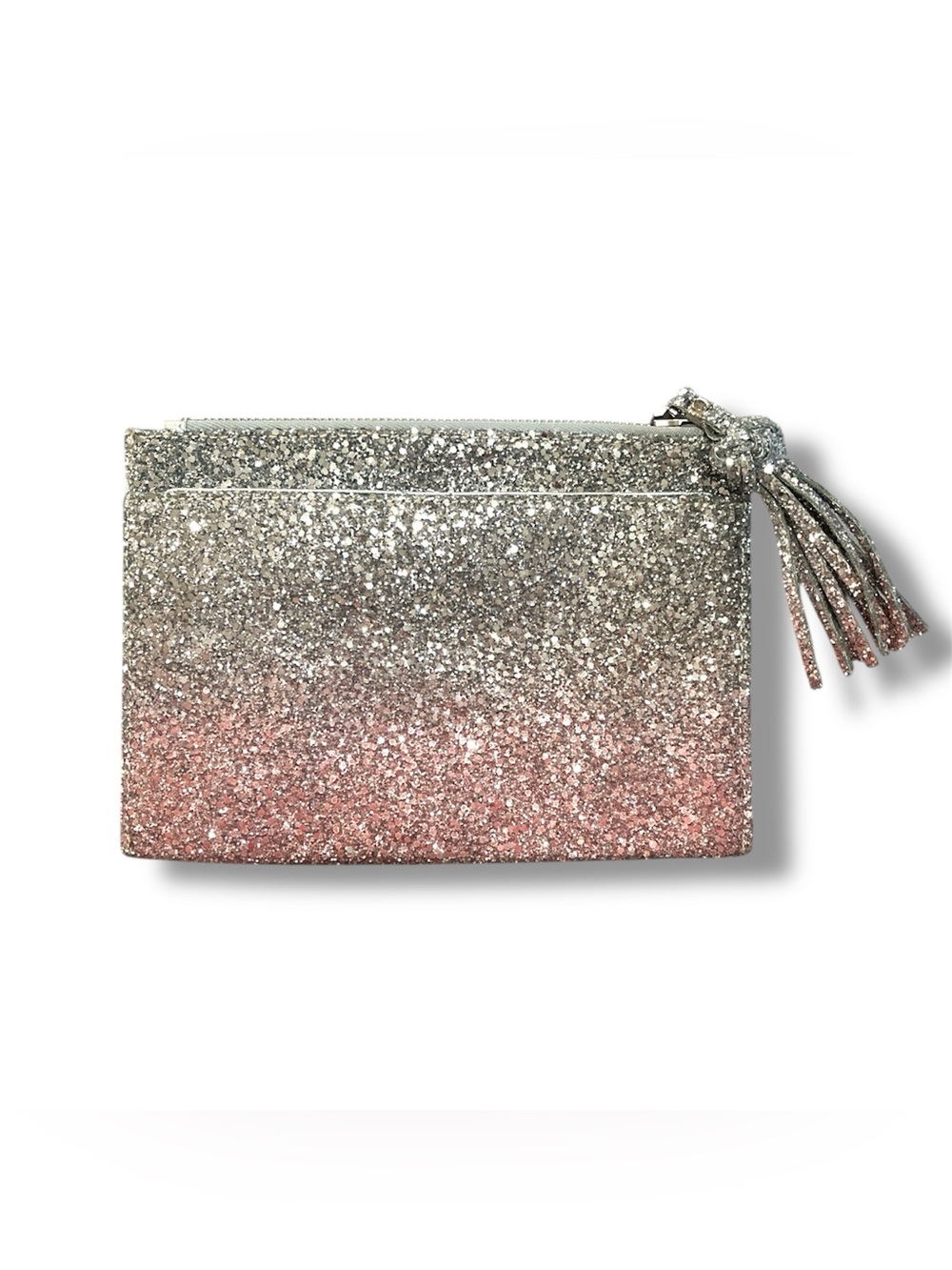 Katherine Kwei Silver Pink Ombre Glitter Leather Lila Pouchette Clutch Bag NWT